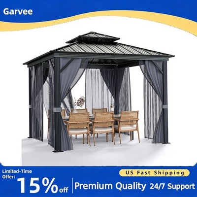 All-Weather Hardtop Gazebo Double Metal Roof Aluminum Frame Mosquito Netting