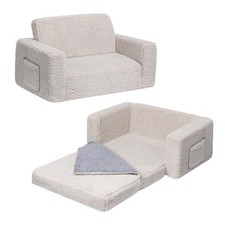 Fold Out Toddler Couch, Extra Wide Comfy 2-in Loveseat with blanket Light Grey