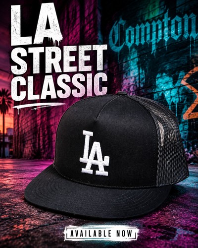 3D LA WHITE Embroidered BLACK & BLACK Flat Bill Snapback Yupoong Trucker Hat NEW