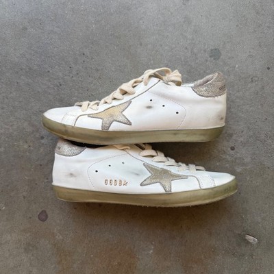Golden Goose Superstar White Leather Gold Glitter Star Sneakers IT 38