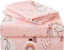 Pink Unicorn Kids Sheet Set Full Size, 4 Piece Girls Rainbow Printed Microfiber