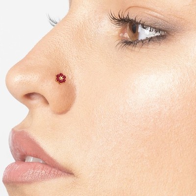Women's Straight Bone Flower Nose Ring, 14K Yellow Gold, mm Red Swarovski, 20 Gauge Lavari Jewelers