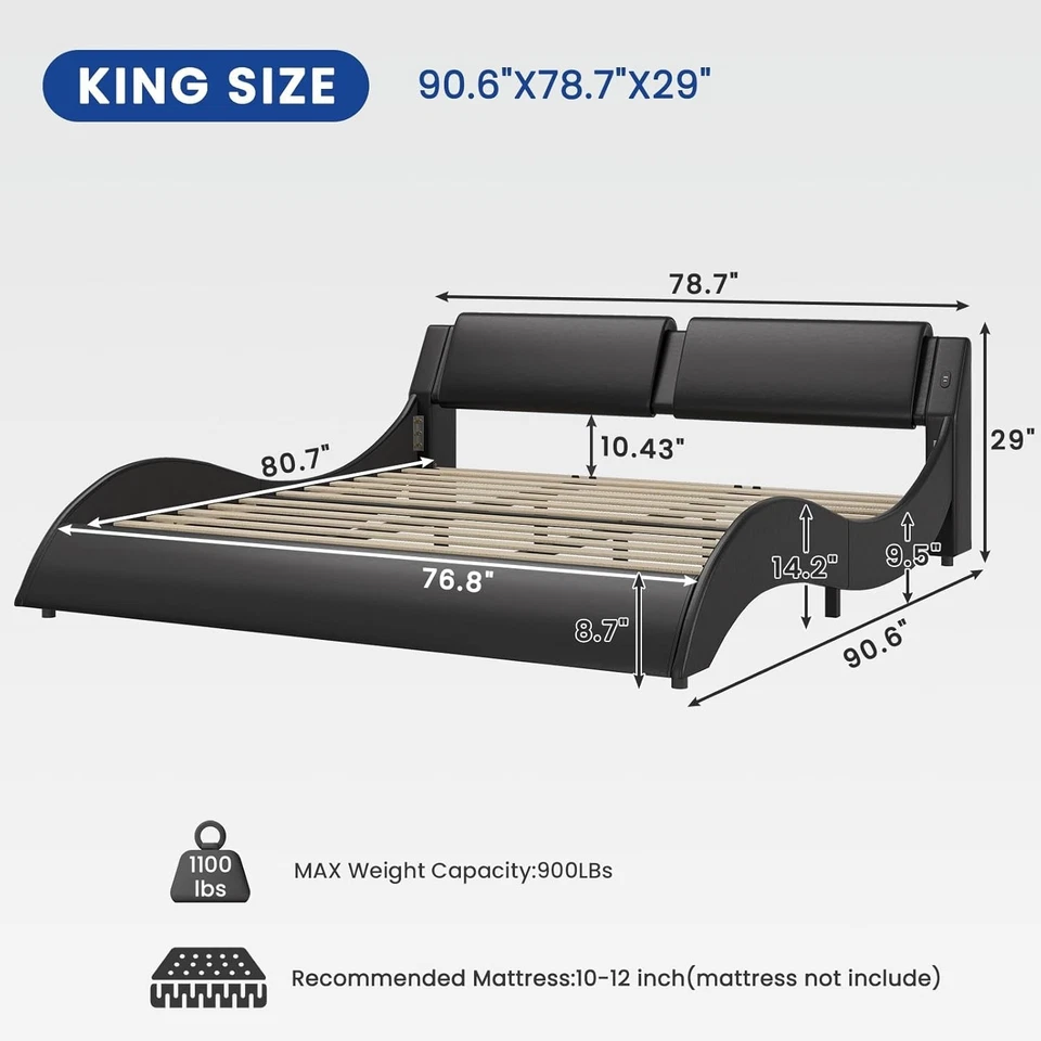 King Size Bed Frame with Headboard,Charging Station,Led Lights Upholstered Beds - Image 2 of 4