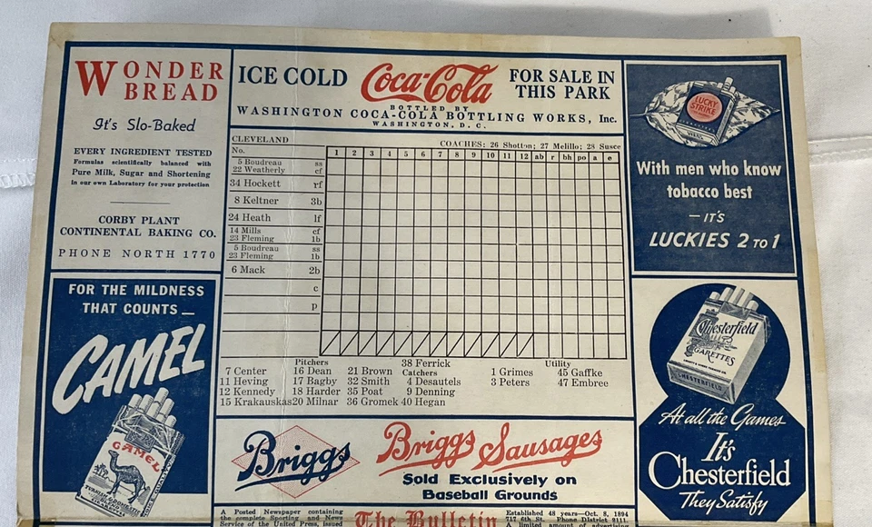 1942 Washington Senators vs. Cleveland Indians Baseball Scorecard - Image 4 of 4
