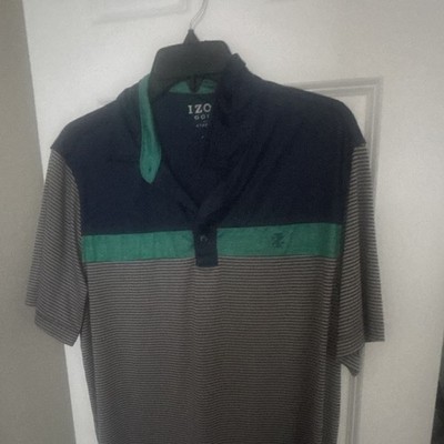 IZOD Golf Stretch Men s M Polo Navy Green Gray Striped Short Sleeve Polyester