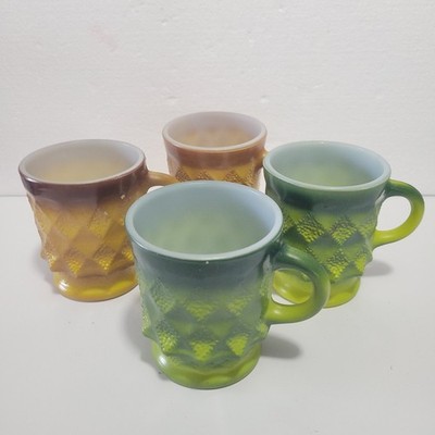 VTG 4 Anchor Hocking Fire King Kimberly Diamond Point Green Brown Cups Mugs Tea