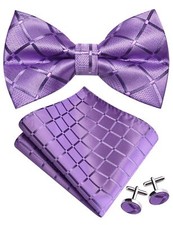 Plaid Light Purple Bow Tie Pocket Square Set for Wedding Pre-Tied Lavender Bo...