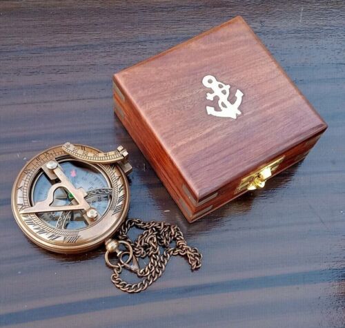 Nautical brass sundial pocket compass with wooden box vintage Christmas gift - Picture 1 of 5