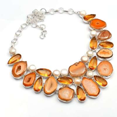 Solar Agate Pearl Gemstone Handmade Big Necklace Jewelry 101 Gms