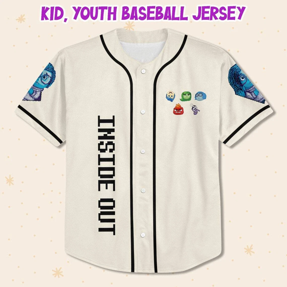 Personalized Disney Inside Out Pixel Character, Disneyland Baseball Jersey