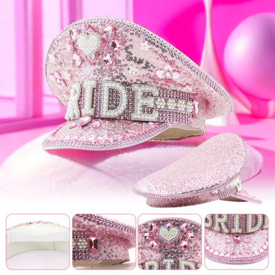 Pink Sequin Navy Hat Shinny Rhinestone Pearl Cap Headwear