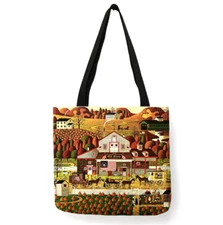 13x13 American Folk Art Charles Wysocki Autumn Pumpkin Linen Tote Library Bag