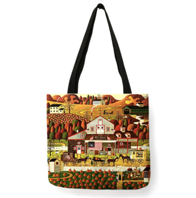 13x13 American Folk Art Charles Wysocki Autumn Pumpkin Linen Tote Library Bag
