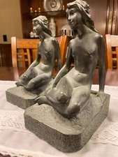 Antique Kathodian KBW Bronze Clad Art Decp Nude Seated Female Sculpture Bookends