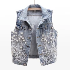 Women Beaded Embroidered Floral Denim Waistcoat Sleeveless Jean Vest Top Chic