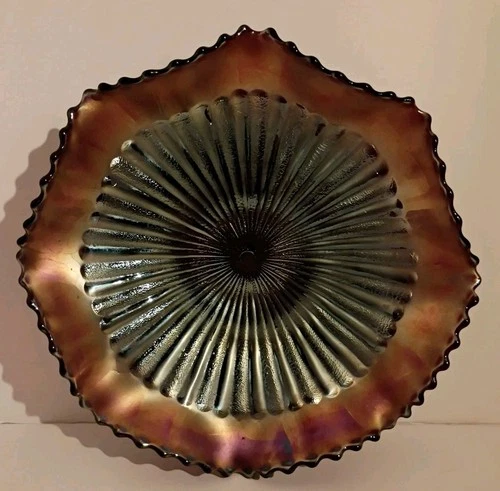 VINTAGE CARNIVAL GLASS NORTHWOOD AMETHYST STIPPLED RAYS BOWL 8"-9" Dia 2.5" Tall