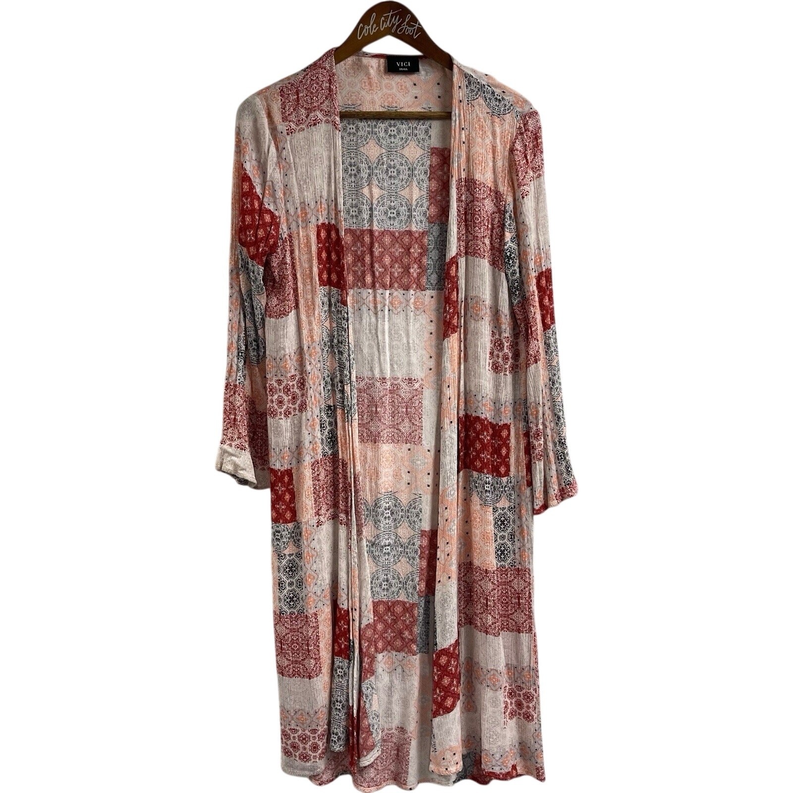 VICI Patchwork Print Duster Small Boho Brown Crea… - image 1