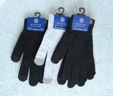 3 Pair Winter Essentials Gloves. 2 Black 1 Light Gray. One Size. Touchscreen