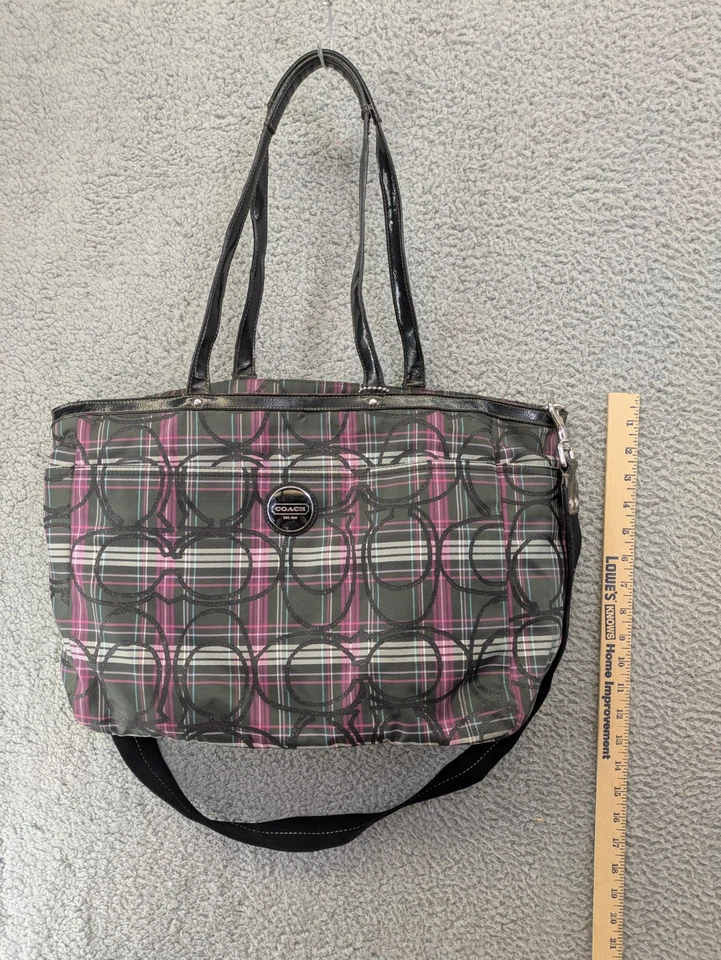 Coach Pink Plaid Nylon Tote Bag w/ Black Leather Trim & Adjustable Strap F17708 - Image 2 of 4