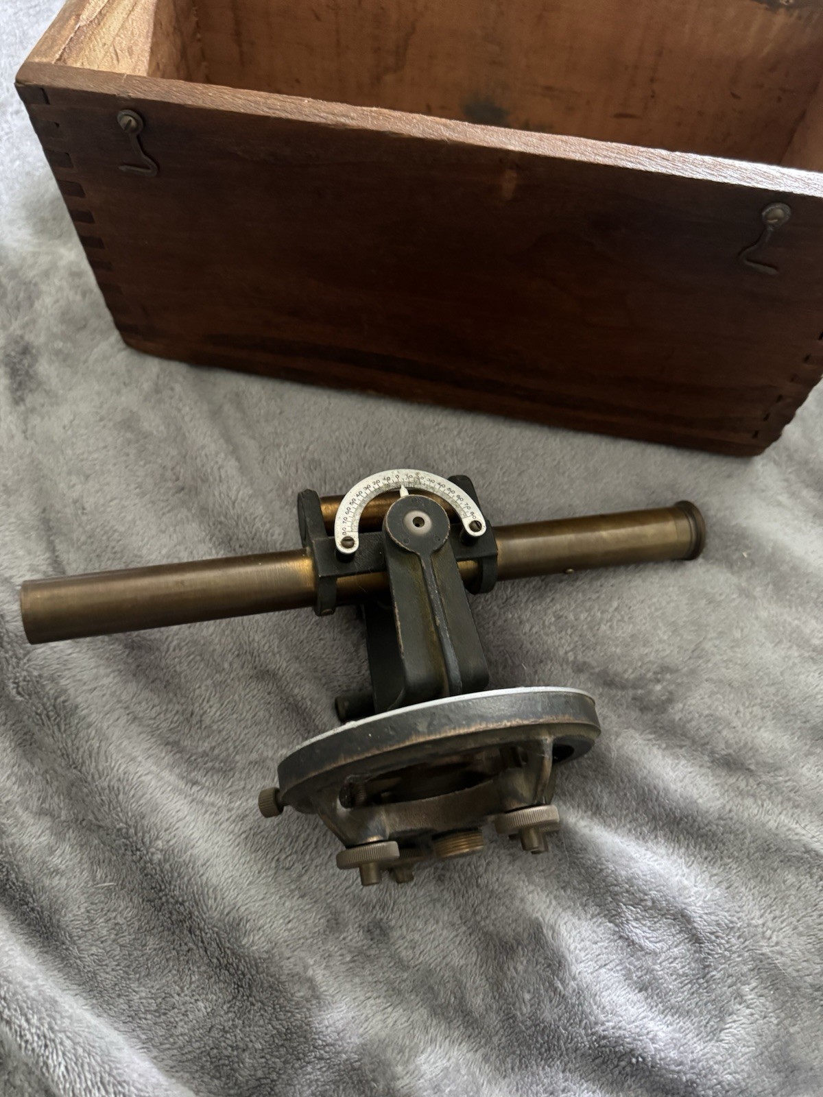 Vintage Transit Level in original wooden box with surveyor’s staff.