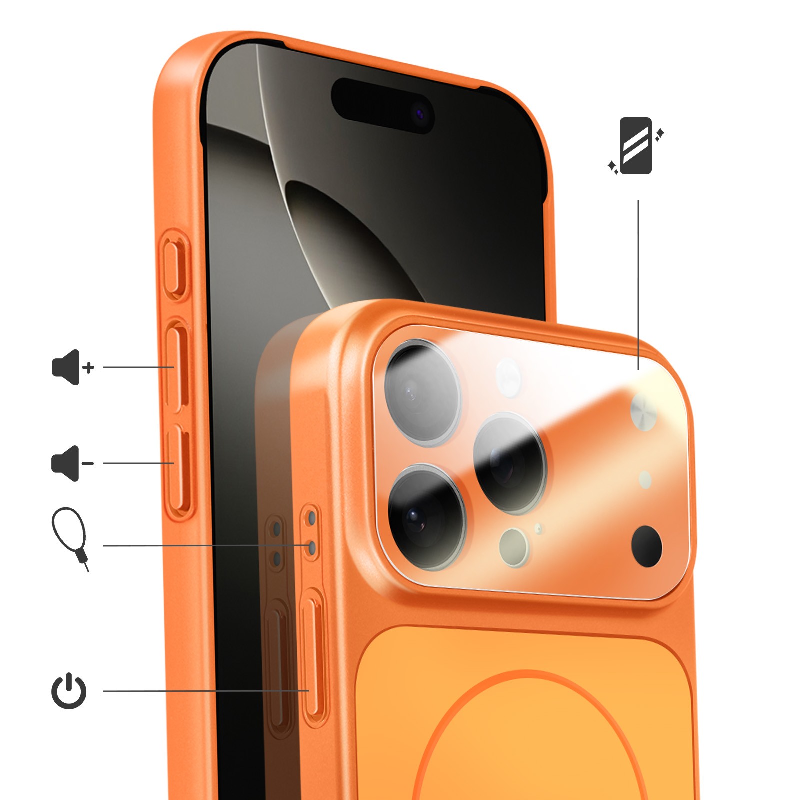 Coque iPhone 16 Pro orange rigide avec protection caméra intégrée Avizar