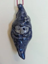 Vintage Rowe Pottery Works Santa Head 5" Christmas Ornament Blue Salt Glaze RPW 