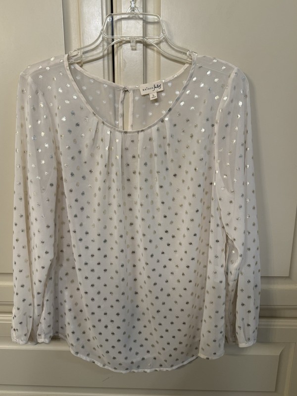 Maison Jules Women’s Ivory/Antique White LS Top With Gold Polka Dots-Size L(NWT)