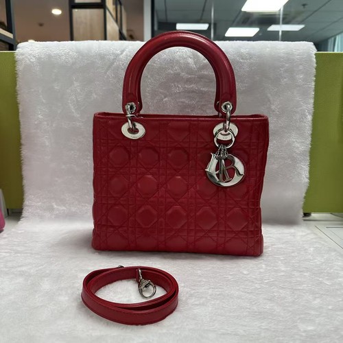 Authentic Christian Dior Lady Dior Red Cannage Leather Tote Bag  Fashion