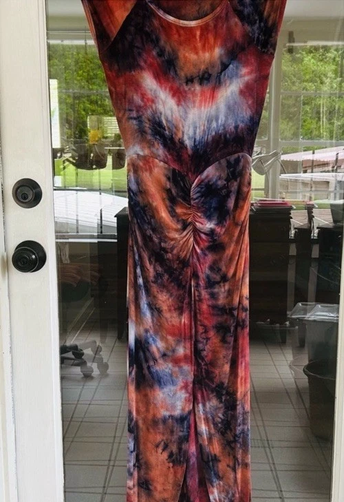 Maxi Vestido Bohemio Teñido con Corbata VENUS Detalle Acanalado Frontal Abertura Talla Mediana Hippie Foto 4 de 4