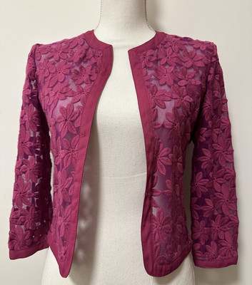 Anne Klein Magenta Pink Sheer Floral Embroidery Cardigan Jacket Size 2