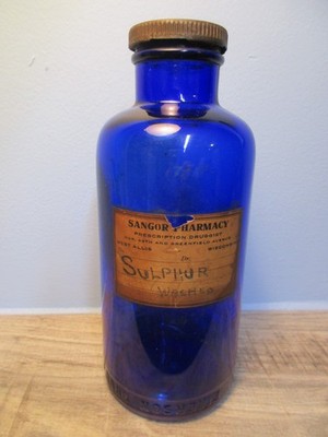 Big Old Cobalt Blue Medical Rx Drug Bottle Bromo Sulfur W Allis WI  Pharmacist