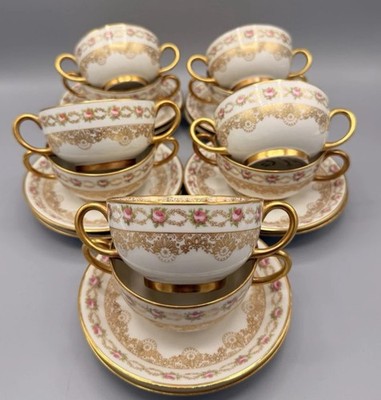 Antique JPL Limoges France Antique 20pc Bouillon Set Gold Pink Roses c.1900