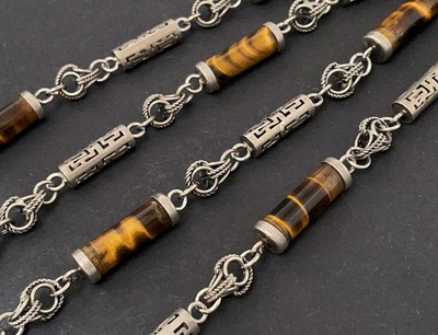 VINTAGE CHINESE EXPORT SILVER & TIGER EYE NECKLACE INFINITY LINKS 78CM 52G