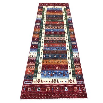 2'8''x8'3'' Red Kashkuli Animal Figurines Hand Knotted Pure Wool Runner Rug 21953