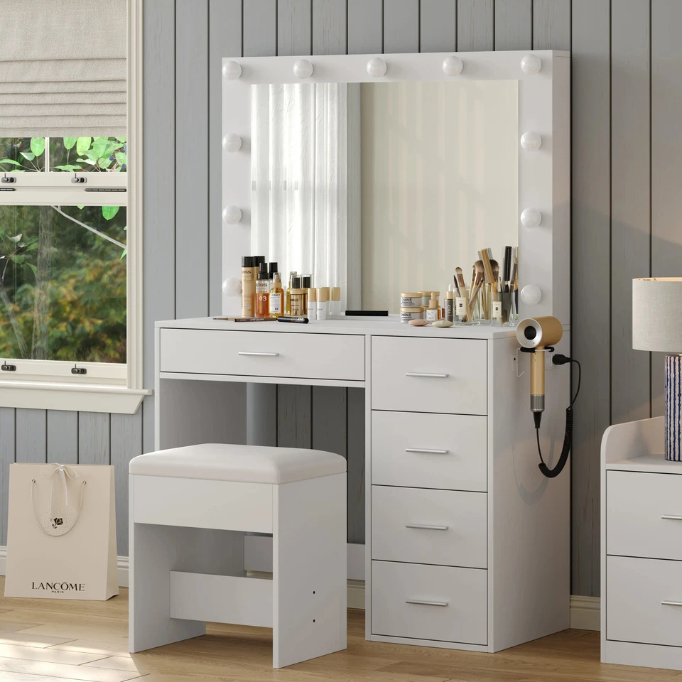 Tocador Escritorio 37"W con Toma de corriente, Tocador con Espejo y Luces, Silla Foto 3 de 4
