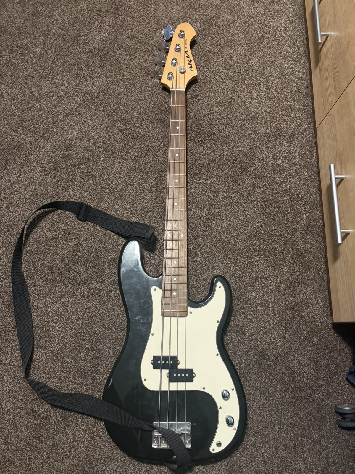 Aria Bass Guitar STB P Black with White Pickguard Excellent Condition