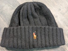Polo Ralph Lauren Kids Wool Ribbed Beanie Hat Black Pony Logo One Size