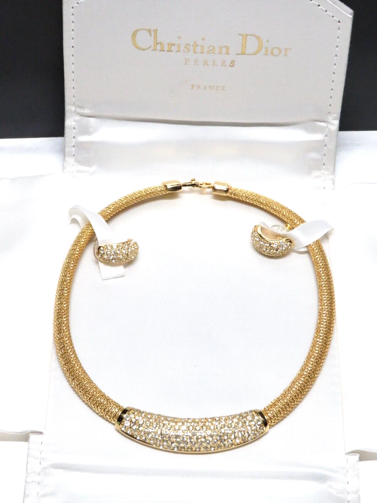 Ensemble boucles d'oreilles strass collier en maille ton or Christian Dior