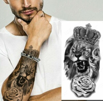 King Lion Rose Sleeve Temporary Tattoo Fake Sticker Women Mens Arm Leg Thigh Ebay