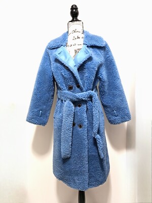 New Faux Fur Oversized Cocoon Teddy Bear Icon Coat Belted Wrapped Steel Blue