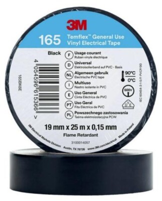 3M Isolierband Temflex165 , 19 mm x 25m, VDE geprüft schwarz weiß große Rolle