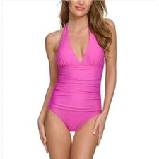 DKNY Medium Tie-Back Halter-Style One Piece Swimsuit Carnation Pink New