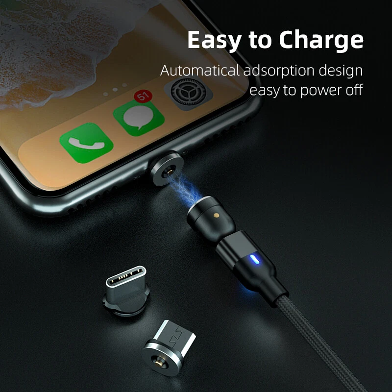 540° - 360°/180° Fast Magnetic Charger Cord Type C / Micro USB and lOS Plugs - Image 2 of 4