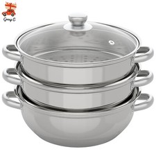 3 Tier Steamer Hot Pot Stainless Steel Cooker Steam Pot Food Cooking + Glass Lid