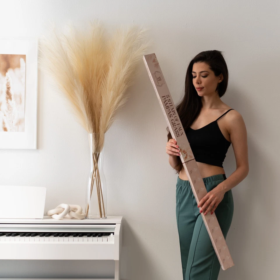 "5 tallos de hierba pampeana sintética de seda extra grande (43""/110 cm-beige)" - Imagen 1 de 4