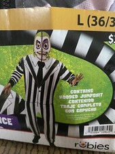 NEW Beetlejuice Halloween Costume Cosplay Hooded Jumpsuit Adult Sz LARGE 36/38