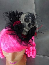 RQ-BL Rhinestone Skull Feather Lace Fascinator Hat Goth Halloween spooky