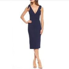 NWT Dress The Population Midnight Blue Lita Tie V-Neck Fitted Midi Dress Medium