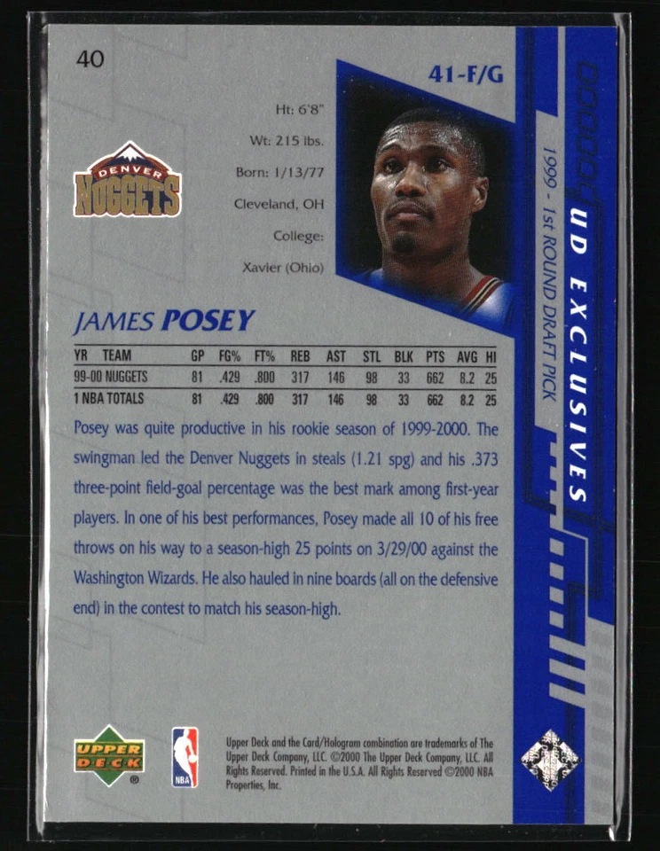 James Posey 2000 Upper Deck Exclusives /500 #40 Basketball Card - Image 2 of 2