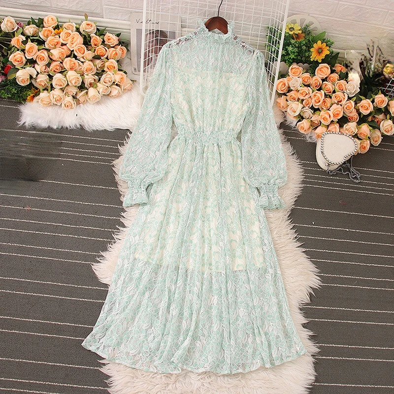 OFF WHITE Abito da donna in pizzo vita lunga ricamo floreale manica lunga alta abito a linea